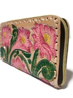 Hand-Painted And Carved Leathet Pink Floral  Zip Wallet